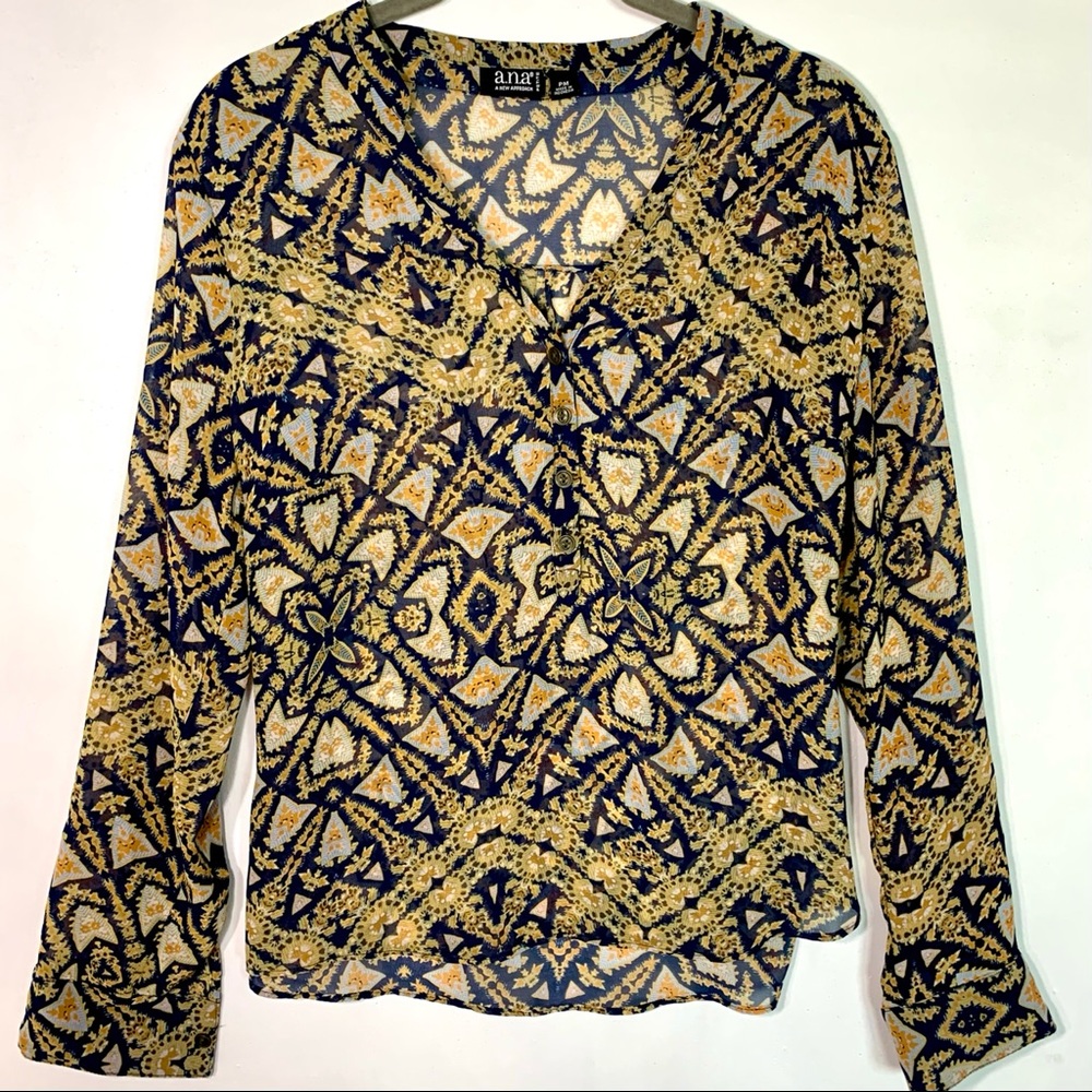 A.N.A. Navy & Gold Turk Tile Long Sleeve Blouse